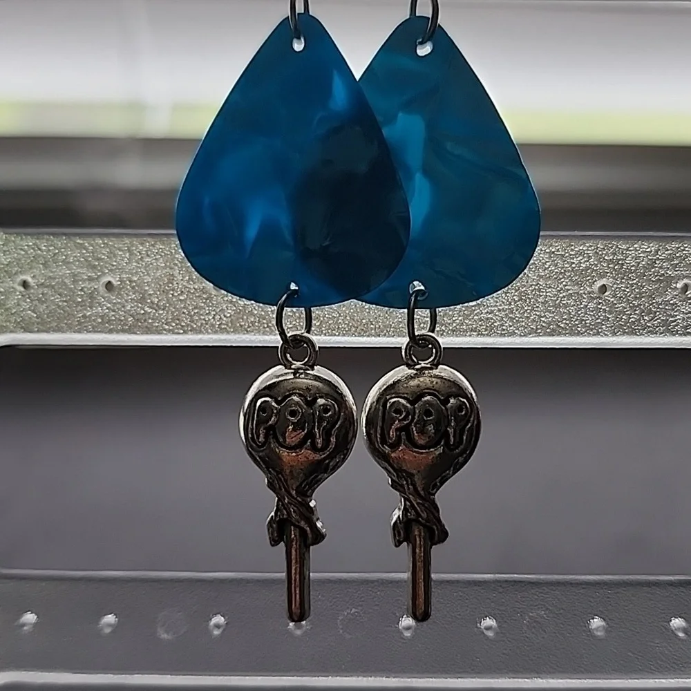 Handmade Blue Dangle Earrings with lolipop  Charms - Picture 2 of 5